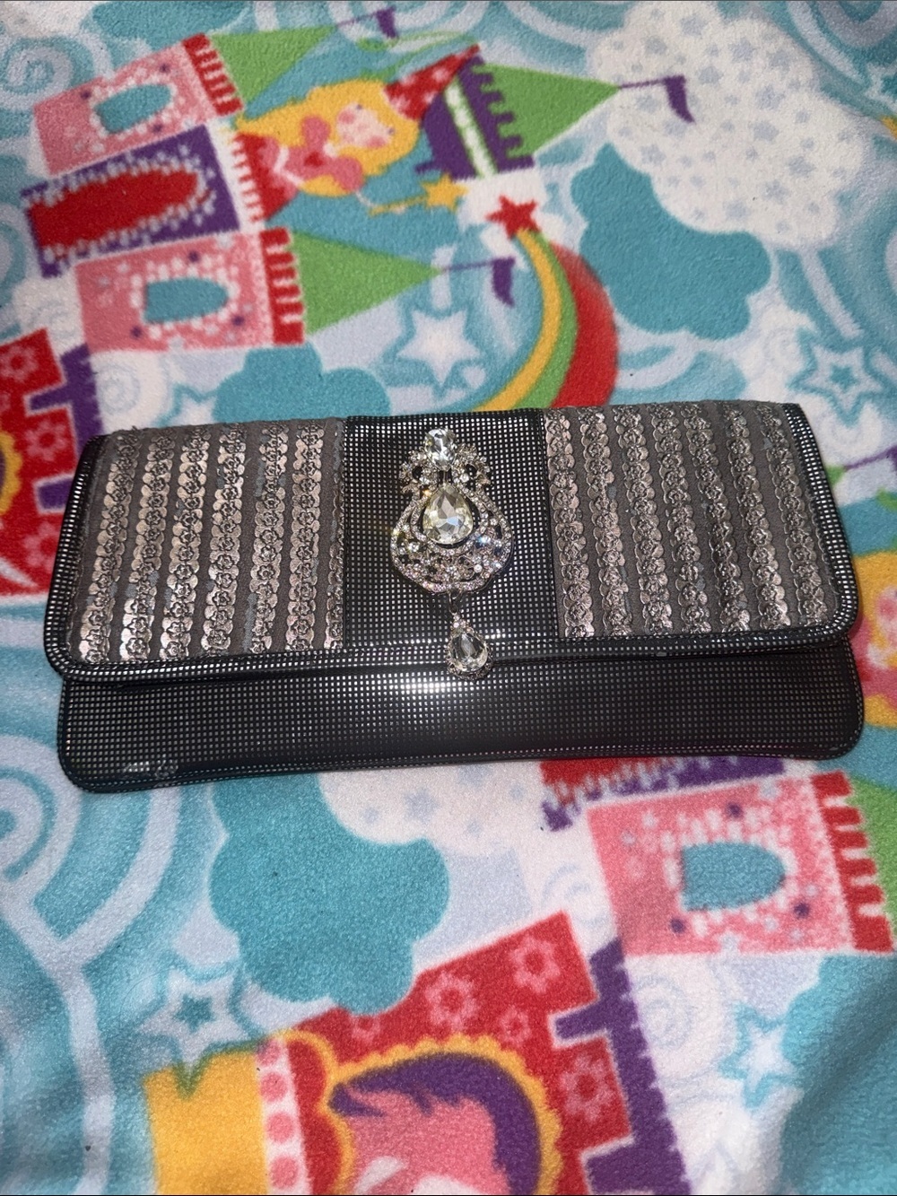 Embellished Silver Rhinestone Clutch Wallet